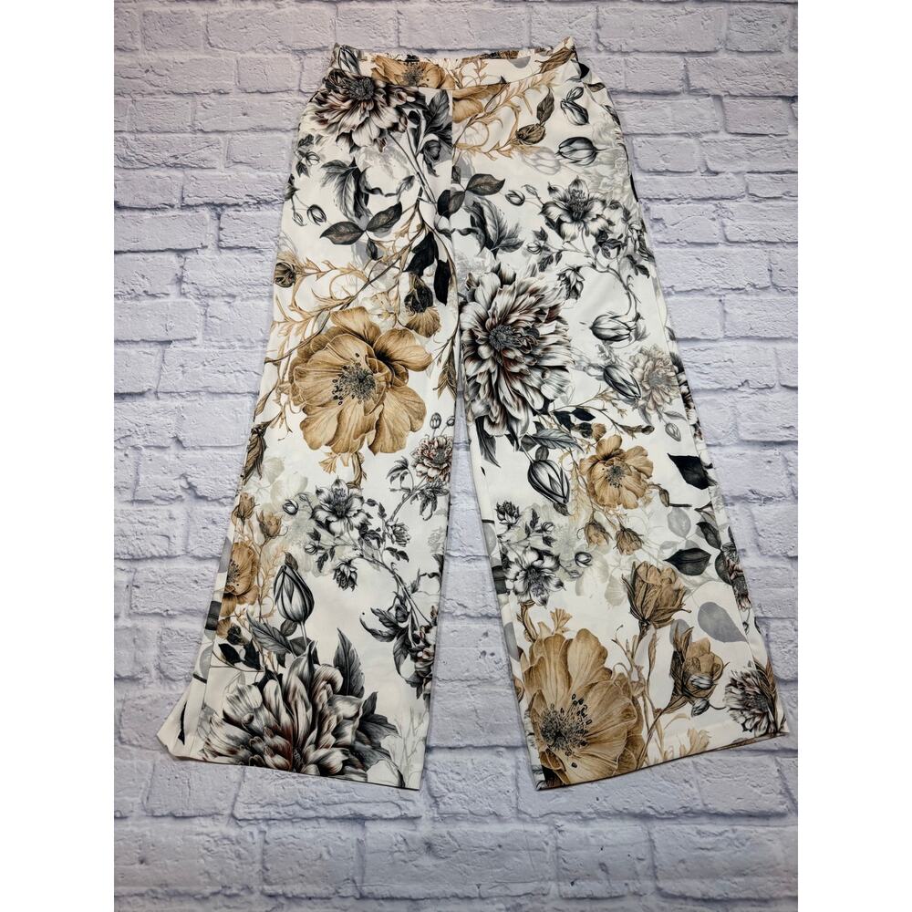 T Tahari Floral High Rise Pants wide leg Elastic Waist White Multicolor Print M